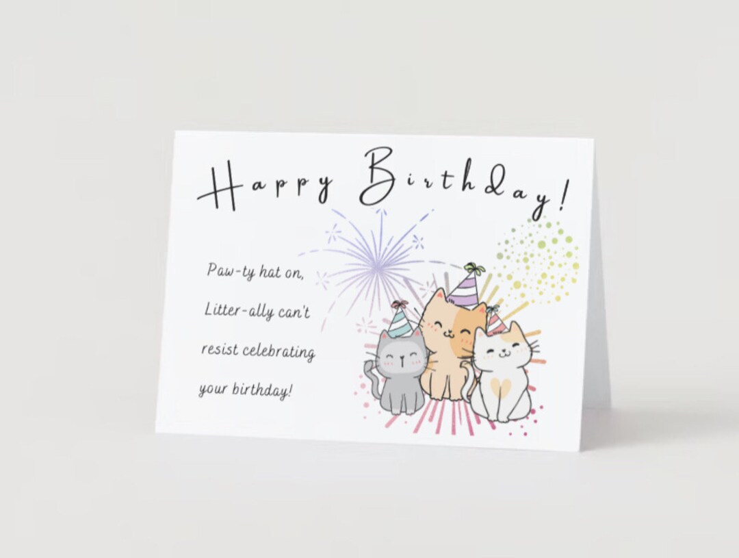 Cute Birthday Card | Cat With Party Hats Card | Punny Cat Birthday Card ...