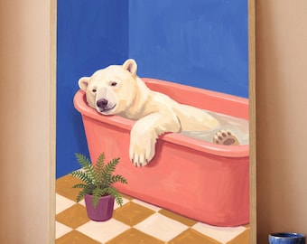Polar Bear Bathroom Wall Art Printable Funny Animal Bathtub Print Colourful Funky Bath Decor Digital Download