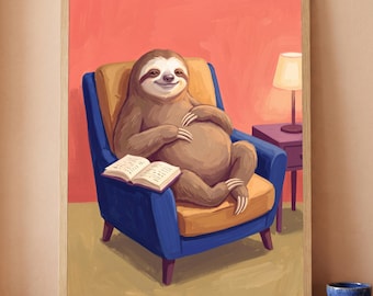 Sloth Reading Wall Art Printable Book Lover Animal Print Cosy Library Reading Nook Decor Digital Download
