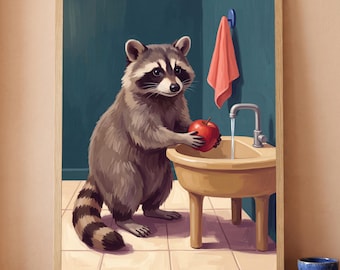 Funny Raccoon Bathroom Wall Art Printable Woodland Animal Washbasin Apple Print Funky Powder Room Decor Digital Download