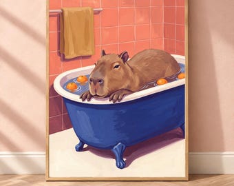 Capybara Bathroom Wall Art, Funny Animal Bath Print, Digital Download