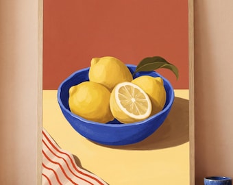 Citroen muurdecoratie printbaar Mediterrane keuken citrus stilleven kobaltblauwe kom kleurrijke voedseldecoratie digitale download