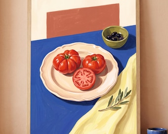 Keukendecoratie met erfgoedtomaten, printbare mediterrane voedselkunst, stilleven met rode tomaten, kleurrijke eetkamer, digitale download