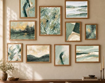 100 Sage Green Abstract Art Prints Printable Gallery Wall Set Green and Gold Wall Art Bundle Digital Download