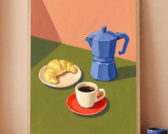 Espresso koffie muurdecoratie, mokapot, keukenkunst, Italiaans café stilleven, kleurrijke ontbijthoek decoratie, digitale download