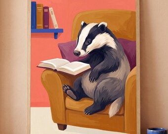 Badger Reading Wall Art Printable Book Lover Library Animal Print Cosy Reading Nook Decor Digital Download