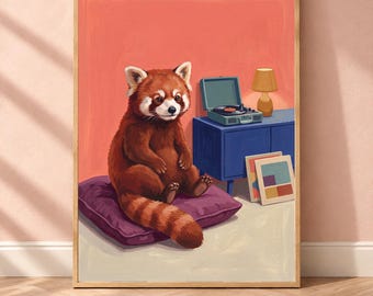 Red Panda Wall Art, Eclectic Record Player Print, Digital Download
