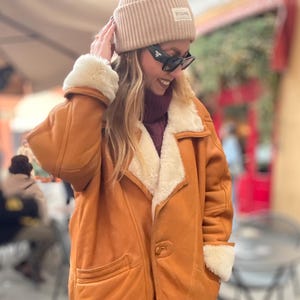 shearling vintage camel beige light brown woman jacket 100% real natural lambskin sheer fur coat wool overcoat ranche y2k lammy cozy warm