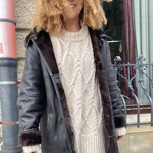 shearling coat vintage long jacket 100% real natural sheepskin button brown size  L XL oversized western unisex leather sheep fur chocolate