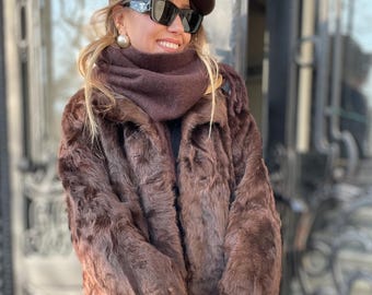 Abrigo de piel de astracán vintage marrón chocolate, elegante abrigo largo de lana karakul, talla L
