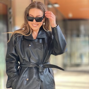 Unique black Genuine leather woman blazer suit jacket Vintage button coat with belt Classic retro overcoat y2k blazer
