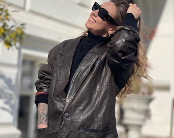 Vintage Chocolate Brown Leather Blazer: Oversized Retro 80s/90s Suit