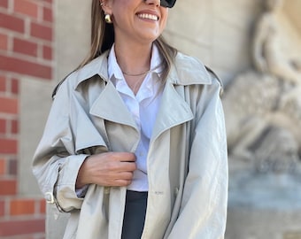 Unique light grey Cold beige trench coat parka Vintage jacket overcoat oversize retro checkered Linning Classic man style unisex  mid-season