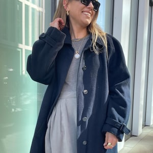 Classy navy blue coat Vintage overcoat oversize Classic retro woolen wool Urban style 80s 90s unisex retro long maxi y2k old money quality