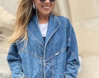 Blazer jeans vintage oversized: Jaqueta jeans de lavagem clara dos anos 80/90