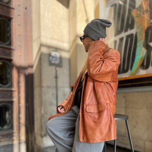 Unique camel brown Genuine leather barn jacket woman man unisex Vintage oversize fitted retro distressed worn washed effect blazer suit