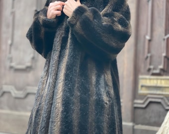 Vintage faux fur brown long coat women faux fur overcoat faux mink luxury fake fur tiger animal