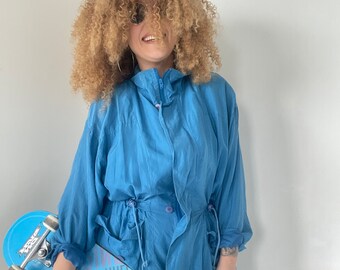 Vintage Blue Silk Parka Jacket: 80s-90s Oversized Coat