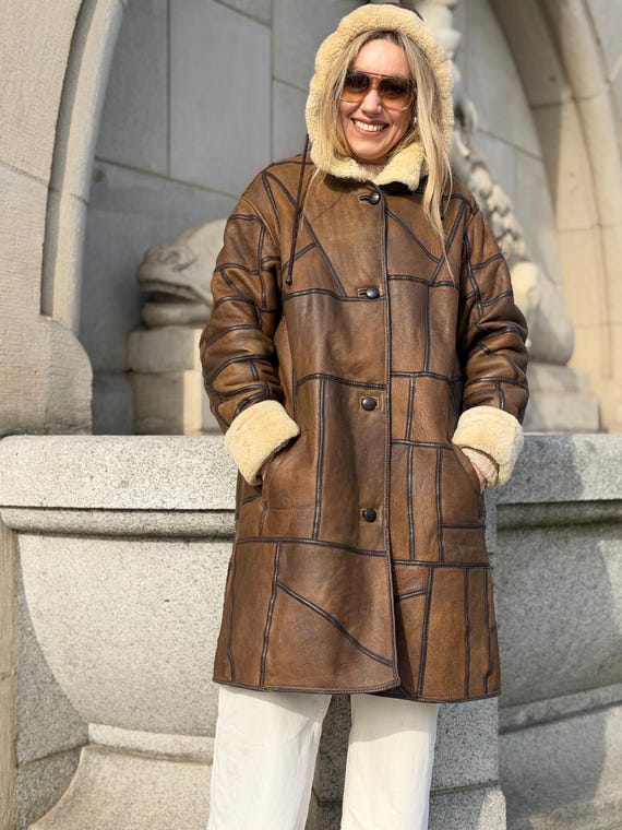 Patchwork Shearling Coat | Brown Leather Wool She… - image 9