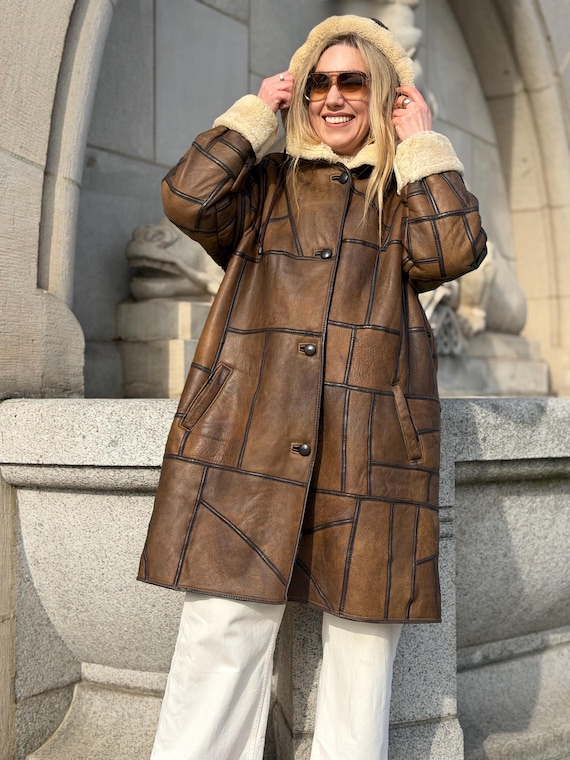 Patchwork Shearling Coat | Brown Leather Wool She… - image 20