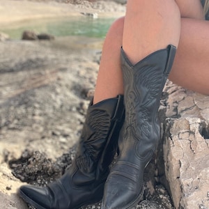 Vintage leather black Cowboy Boots clasic Western Indian Style Size EU 39 Women’s Cowgirl Boho country boots