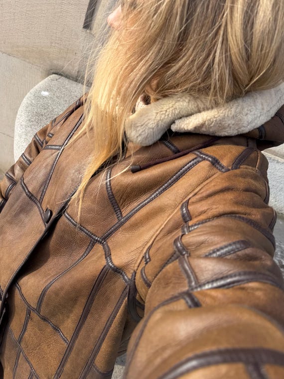 Patchwork Shearling Coat | Brown Leather Wool She… - image 19