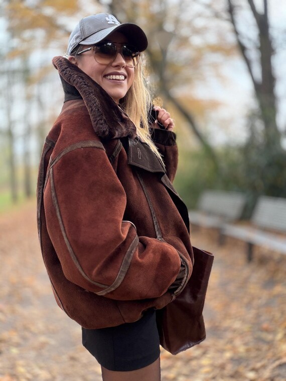 Vintage shearling coat brown patchwork jacket 100… - image 4