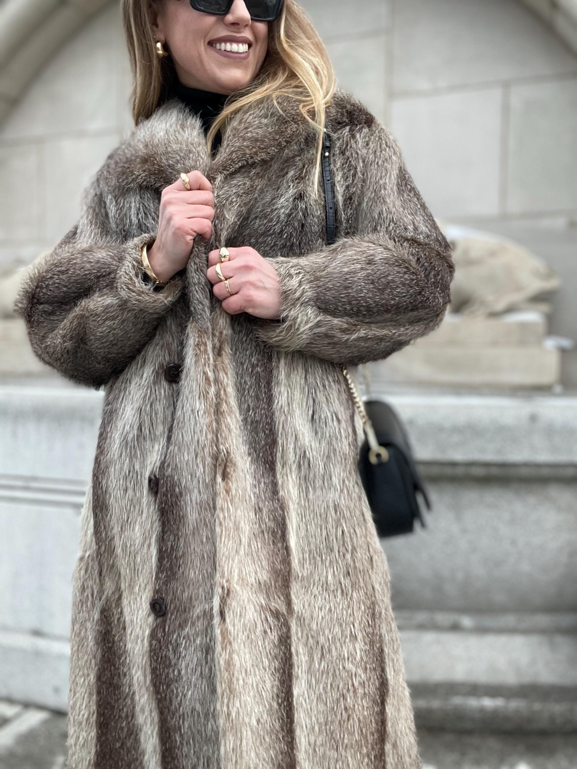 Vintage Natural Fur Coat Beige Brown Long Nutria Grey Luxury Look