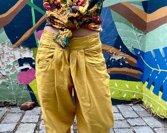 Vintage 80s Yellow Baggy Pants: Oversized Cotton Wide Leg Trousers