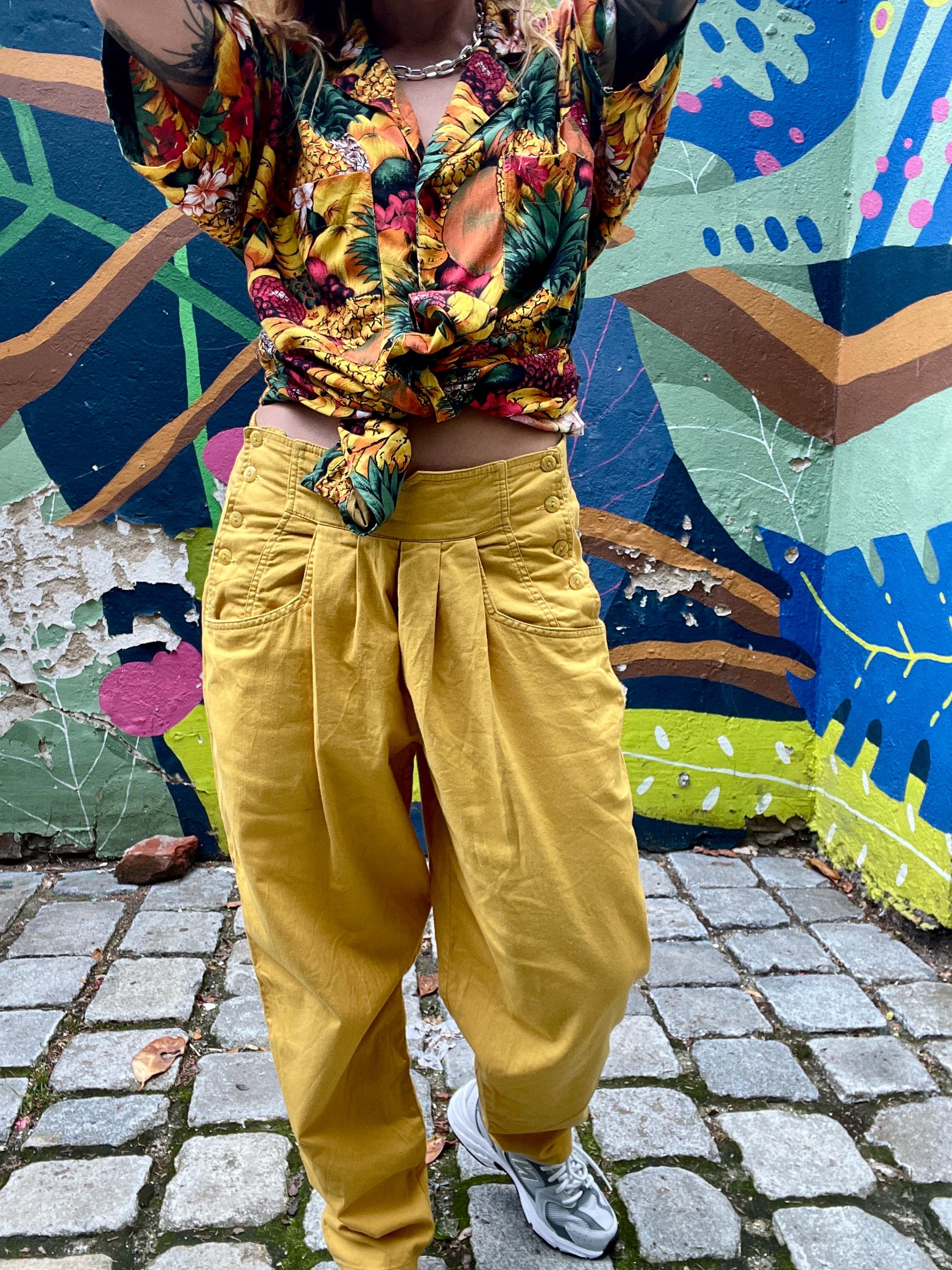 Vintage 80s Yellow Baggy Pants: Oversized Cotton Wide Leg Trousers
