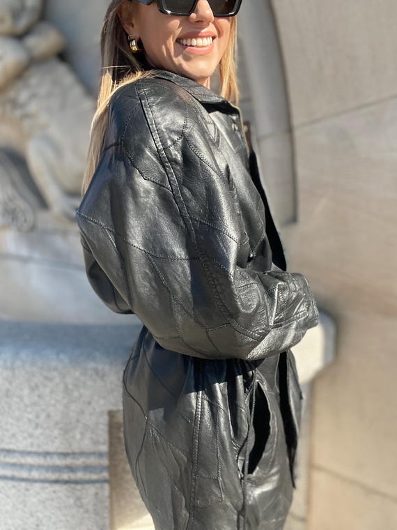 Unique black Genuine leather patchwork jacket Vin… - image 9