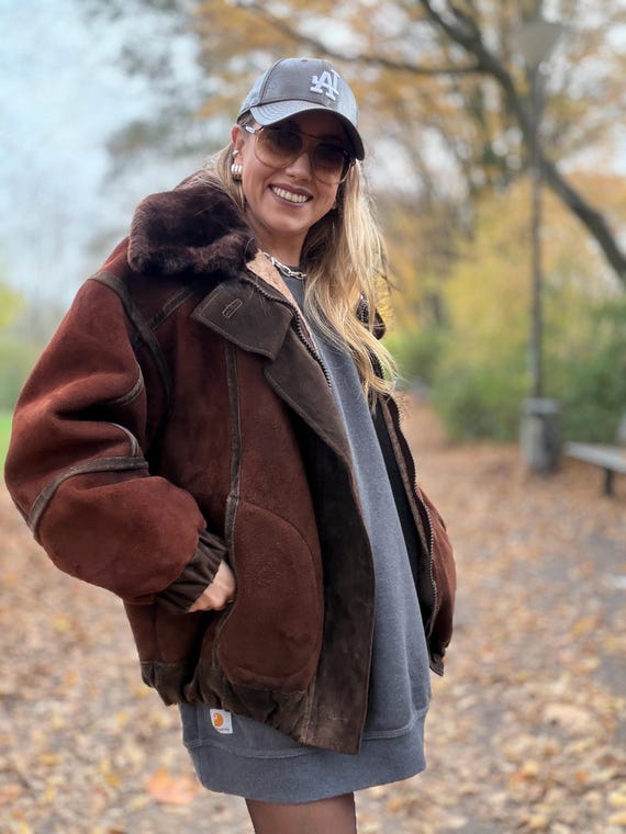 Vintage shearling coat brown patchwork jacket 100… - image 8