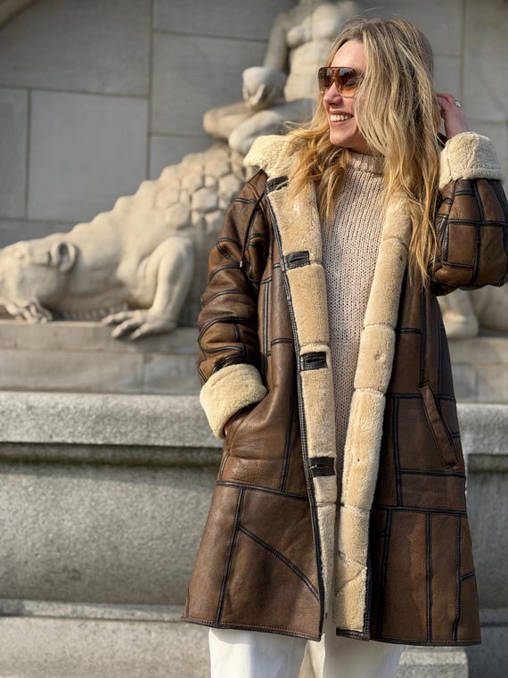 Patchwork Shearling Coat | Brown Leather Wool She… - image 1