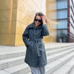 Unique grey Genuine leather woman trench  jacket Vintage button coat with belt Classic retro overcoat y2k insulated parka