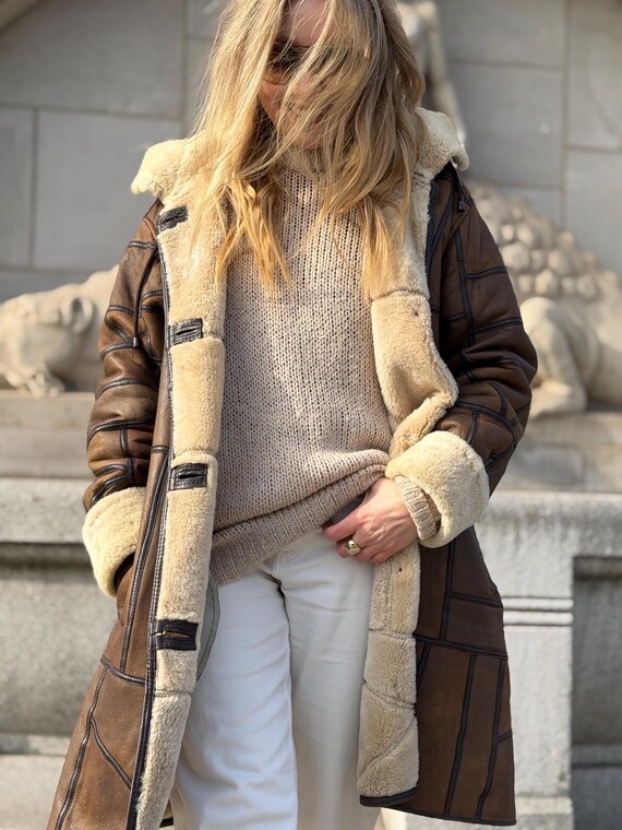 Patchwork Shearling Coat | Brown Leather Wool She… - image 15