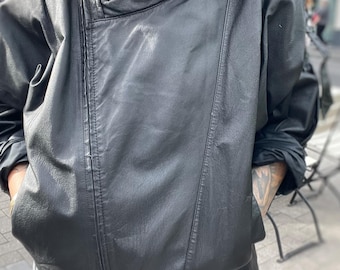 Giacca bomber vintage in pelle nera anni '80, modello a pipistrello, oversize, stile biker, autentico cappotto