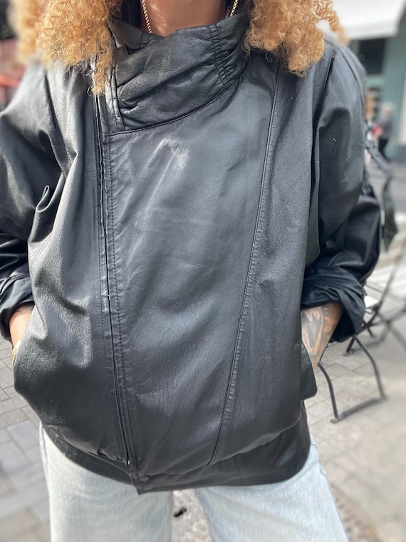 Vintage Black Leather Bomber Jacket 80s Batwing Oversized Biker