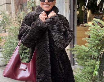 XL | Vintage faux fur coat dark chocolate Brown tiger animal print pattern jacket oversize overcoat faux mink luxury fake fur quality