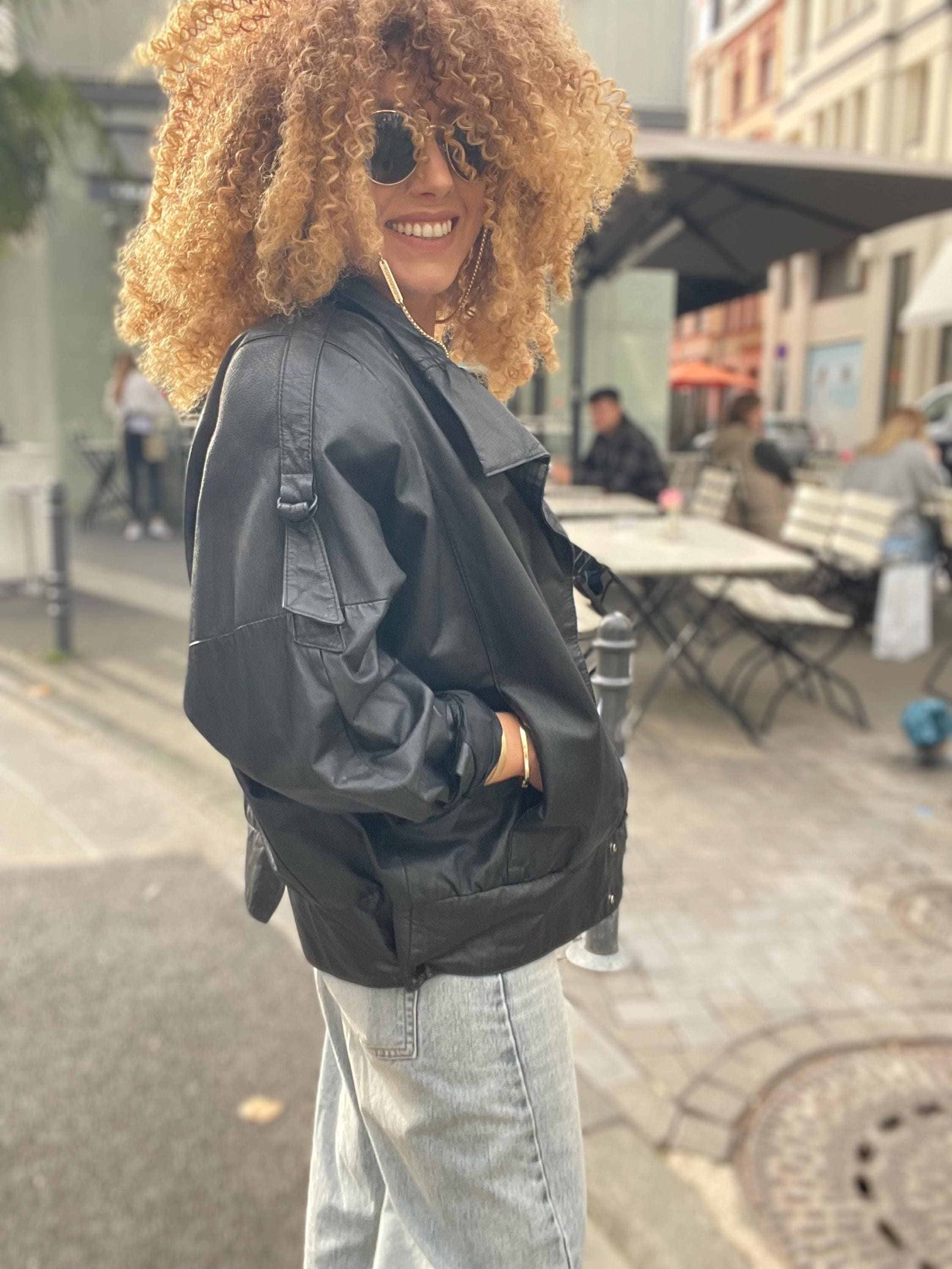Vintage Black Leather Bomber Jacket 80s Batwing Oversized Biker