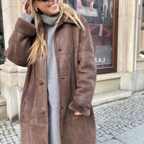 shearling vintage long coat 100% real natural sheepskin chocolate brown sheer fur woman wool maxi ranche oversize shiny suede overcoat