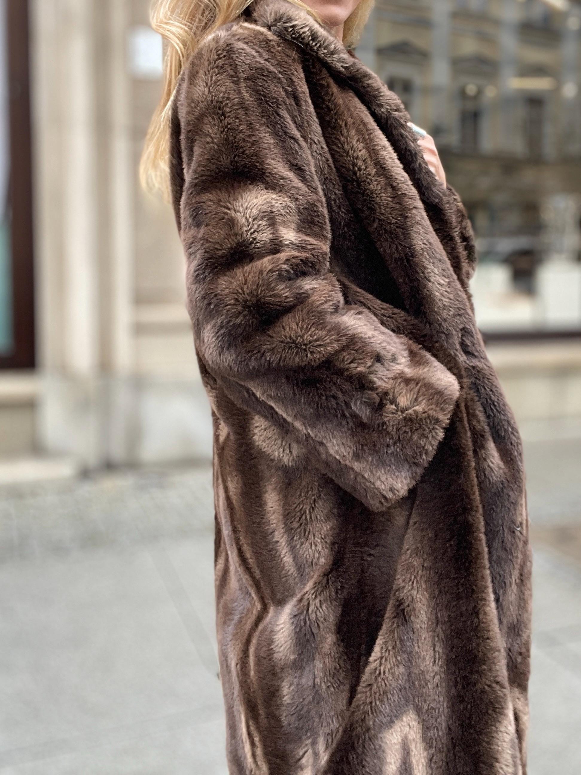 Long Faux Mink Fur Vintage Coat Brown and Beige Luxury Maxi Lenght