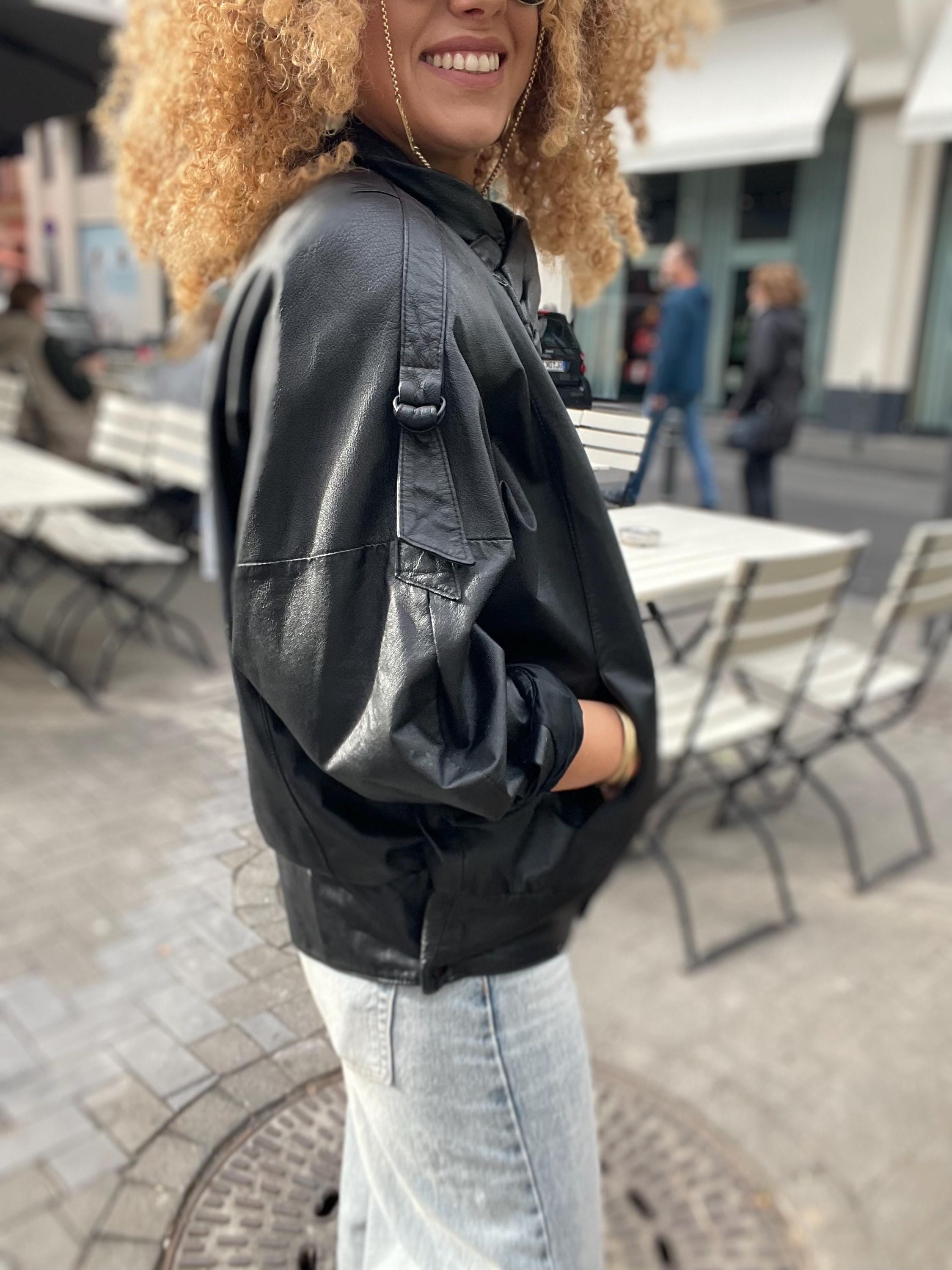 Vintage Black Leather Bomber Jacket: 80s Batwing Oversized Biker