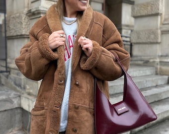 XL shearling vintage coat camel beige brown jacket 100% real natural sheepskin suede fur coat wool ranche lammy man woman oversize unisex