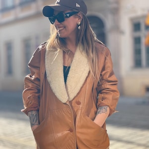 vintage shearling camel beige brown woman jacket 100% real natural leather sheer fur coat wool collar overcoat ranche lammy cozy honey