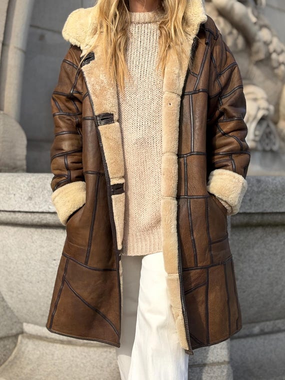 Patchwork Shearling Coat | Brown Leather Wool She… - image 10