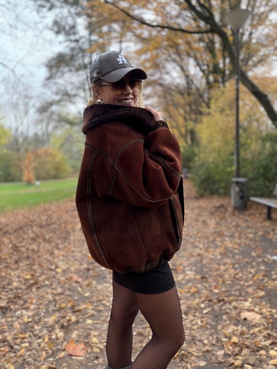 Vintage shearling coat brown patchwork jacket 100… - image 17