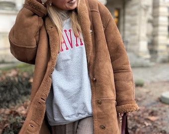 XL shearling vintage coat, camel beige - brown jacket 100% real natural sheepskin suede coat wool ranche lammy man woman oversize unisex