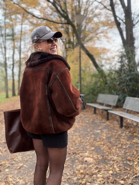 Vintage shearling coat brown patchwork jacket 100… - image 2