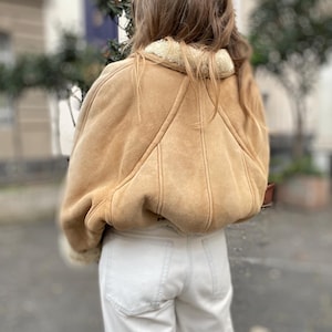 shearling vintage light sand beige woman jacket 100% real natural sheepskin bomber Cropp short coat wool overcoat ranche lammy camel suede