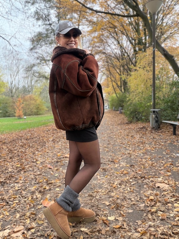 Vintage shearling coat brown patchwork jacket 100… - image 11